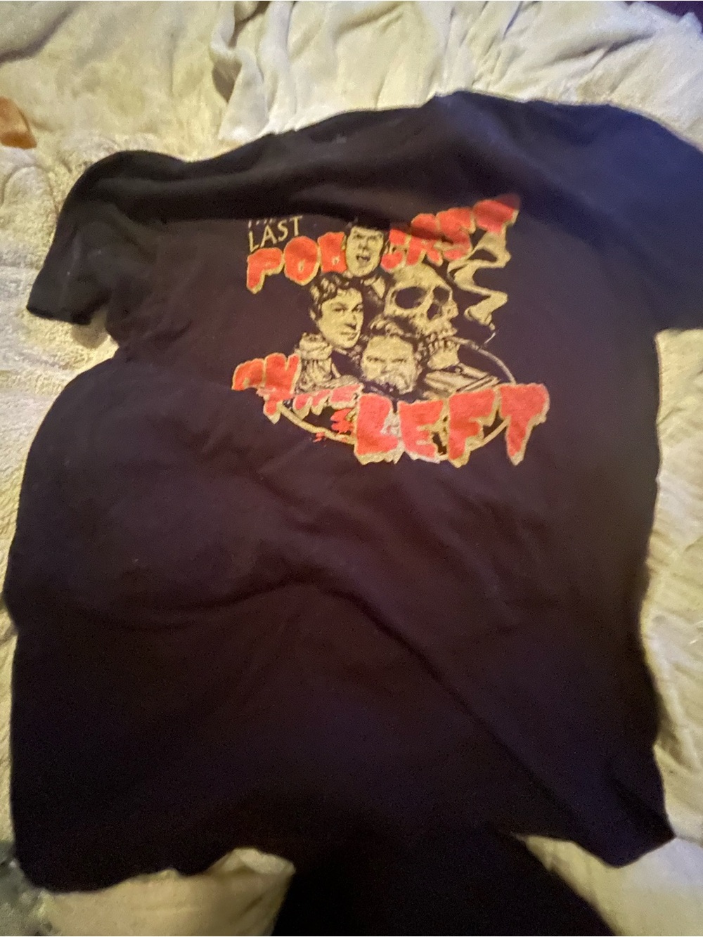 Black Graphic Vintage Last Poscast On The Left LPN Tee with Red font & Artwork